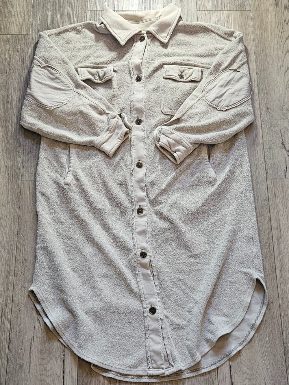 We The Free Free People Distressed Long Ruby Button-Down Shacket Coat Size L